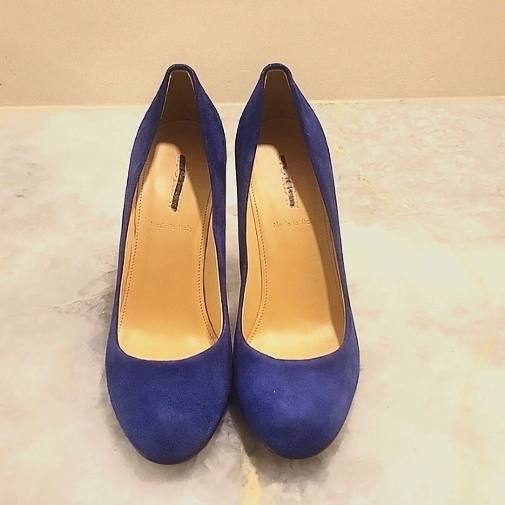 NEW J Crew Blue Suede Mona Modest Rounded Toe Heels Office Pumps Work 7.5 Y2k - Picture 2 of 8